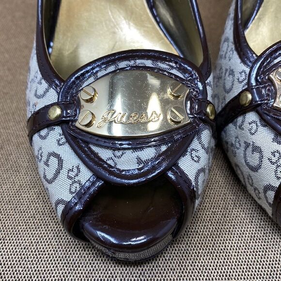 Guess Monogram Peep Toe Platform Slingback Heels - Picture 9 of 13